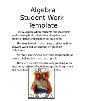 Preview of Algebra Student Work Template