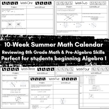 Algebra Summer Math Calendar: A 10 Week Math Review Packet | TpT