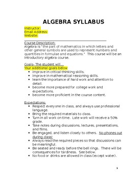 Preview of Algebra Syllabus in WORD- for easy editing