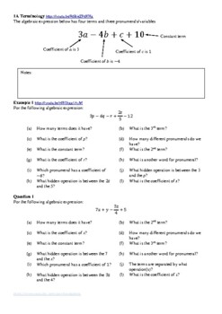 Preview of Algebra Terminology Worksheet (With YouTube Links)