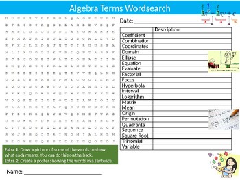 Preview of Algebra Terms Wordsearch Puzzle Sheet Starter Activity Keywords Math Mathematics