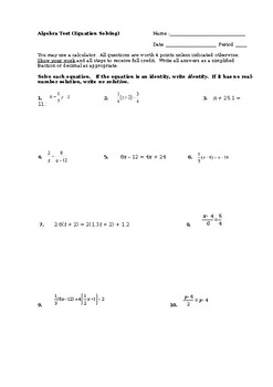 Preview of Algebra Test - Equations
