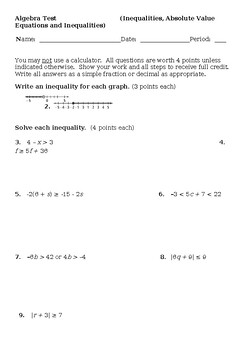 Preview of Algebra Test (Inequalities, Absolute Value Equations and Inequalities)