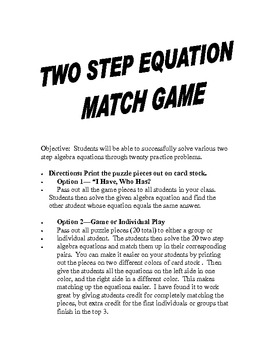 Preview of Algebra Two Step Equations Match Game