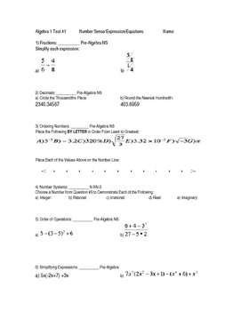 Preview of Algebra Unit 1 Test: Pre Req Skills NS/Exp/Equa