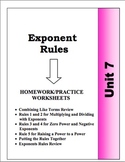 Algebra: Unit 7 - Exponent Rules Homework Worksheets Bundle