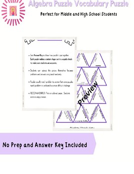 Preview of Algebra Vocab Triangle Puzzle for Algebra Students No Prep Hands on Activity