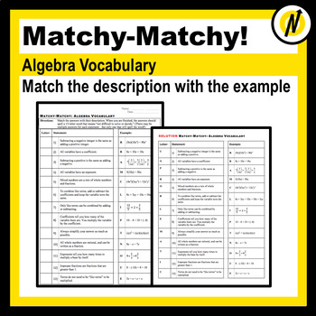 Preview of Basic Algebra Vocabulary and Examples Practice Matching Sheets ELA Resource