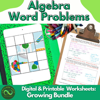 Preview of Algebra Word Problems - NO PREP Digital & Printable Worksheets GROWING BUNDLE