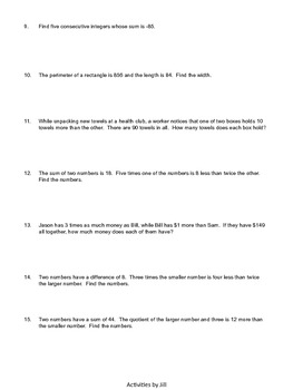 Algebra Word Problems in One Variable Worksheets by ...