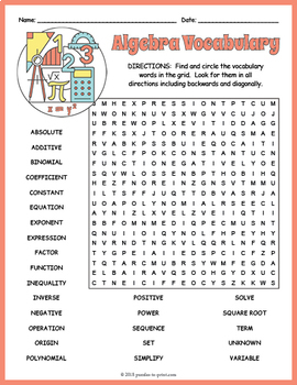 Preview of FREE Algebra Word Search - Math Vocabulary Worksheet - 6th, 7th, 8th, 9th Grade