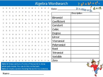 Preview of Algebra Wordsearch Sheet Math Mathematics Starter Activity Keywords