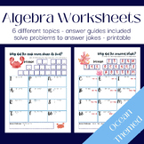 Algebra Worksheets Ocean Themed Puzzlesheet Bundle with Jokes