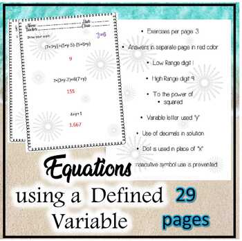 Preview of Equations and Defined Variable Worksheets with Key