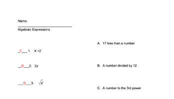 Preview of Algebra - Writing Expressions - Modified - Special Ed - Math - Algebraic Express