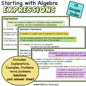 Preview of Algebra, expressions, equivalent expressions, simplifying, word problems, slides