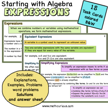 Preview of Algebra, expressions, equivalent, simplifying, word problems, print task cards