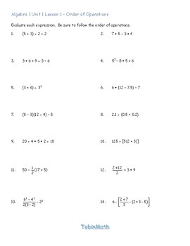 Preview of Algebra - order of operations, expressions, combining like terms, exponents