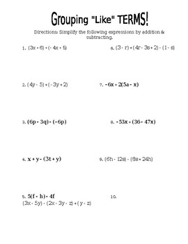 Preview of Algebra worksheet: Grouping like terms (adding and subtracting expressions)