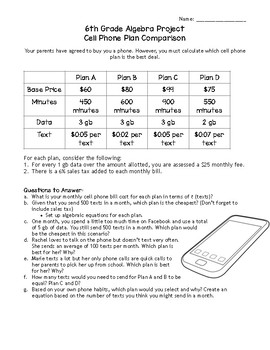 Preview of Algebraic Cell Phone Plan Comparison Project
