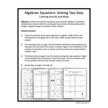 Algebraic Equations: Solving Two Step Coloring Activity and Maze