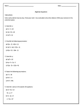 Preview of Algebraic Equations Worksheet with Answer Key