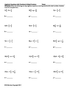 Algebraic Equations with Fractions and Mixed Numbers Worksheet | TpT