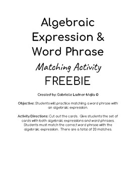 Preview of Algebraic Expression & Word Phrase Matching Activity