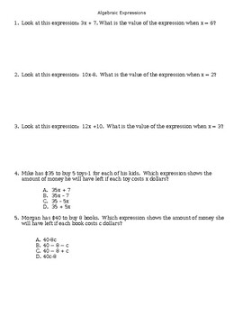 Preview of Algebraic Expressions