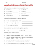 Algebraic Expressions Assessment or Check-Up Quiz