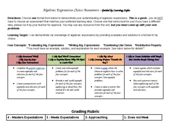 Preview of Algebraic Expressions Choice Assessment & Project with Rubric