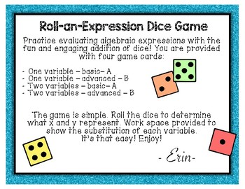 Algebraic Expressions Dice Game - Evaluating Expressions - Pre-Algebra