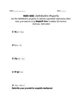 Preview of Algebraic Expressions: Distributive Property Quiz