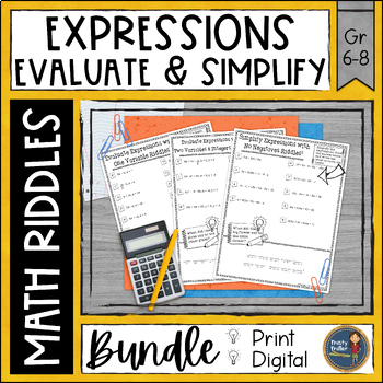 Preview of Algebraic Expressions Math Riddles Worksheets Bundle - No Prep