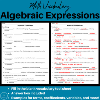 Preview of Algebraic Expressions | Math Vocabulary | Expressions | Algebra | Algebra Vocab