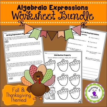 Preview of Algebraic Expressions Math Worksheets Thanksgiving Themed