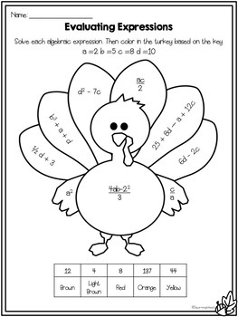 Algebraic Expressions Math Worksheets Thanksgiving Themed by Squirming ...