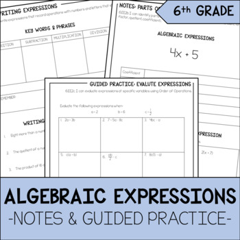 Preview of Algebraic Expressions Notes & Guided Practice | 6th Grade Math