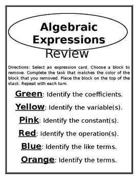 Preview of Algebraic Expressions Review Game