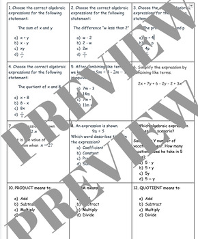 Preview of Algebraic Expressions Review Task Cards Set #2