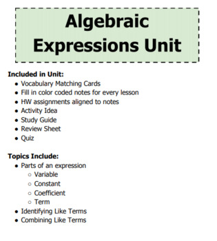 Preview of Algebraic Expressions Special Education Math Unit