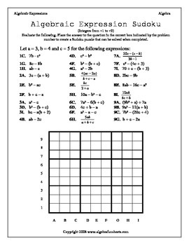Evaluating Algebraic Expressions Activity Sudoku by Algebra Funsheets