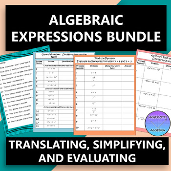 Preview of Algebraic Expressions Translating Simplifying and Evaluating Bundle