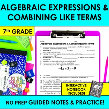 Preview of Algebraic Expressions and Combining Like Terms Notes & Practice