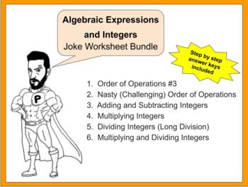 Preview of Algebraic Expressions and Integers Unit Joke Worksheet Bundle (with Answer Keys)