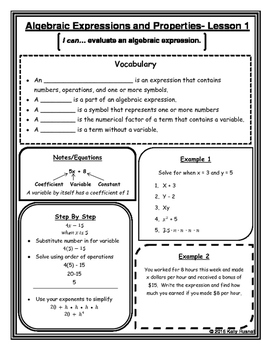 Preview of Algebraic Expressions and Properties Notes
