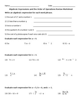 Preview of Algebraic Expressions and the Order of Operations Review Worksheet