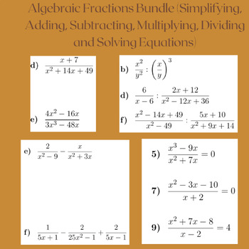 Preview of Algebraic Fractions Bundle (Simplifying, Adding, Multiplying, Solving Equations)
