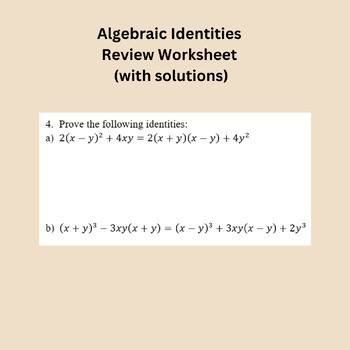 Preview of Algebraic Identities Review Worksheet (with solutions)