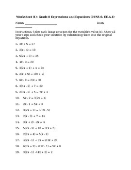 Preview of Algebraic Mastery: Grade 8 Expressions and Equations Worksheets & Assess. w/Ans.